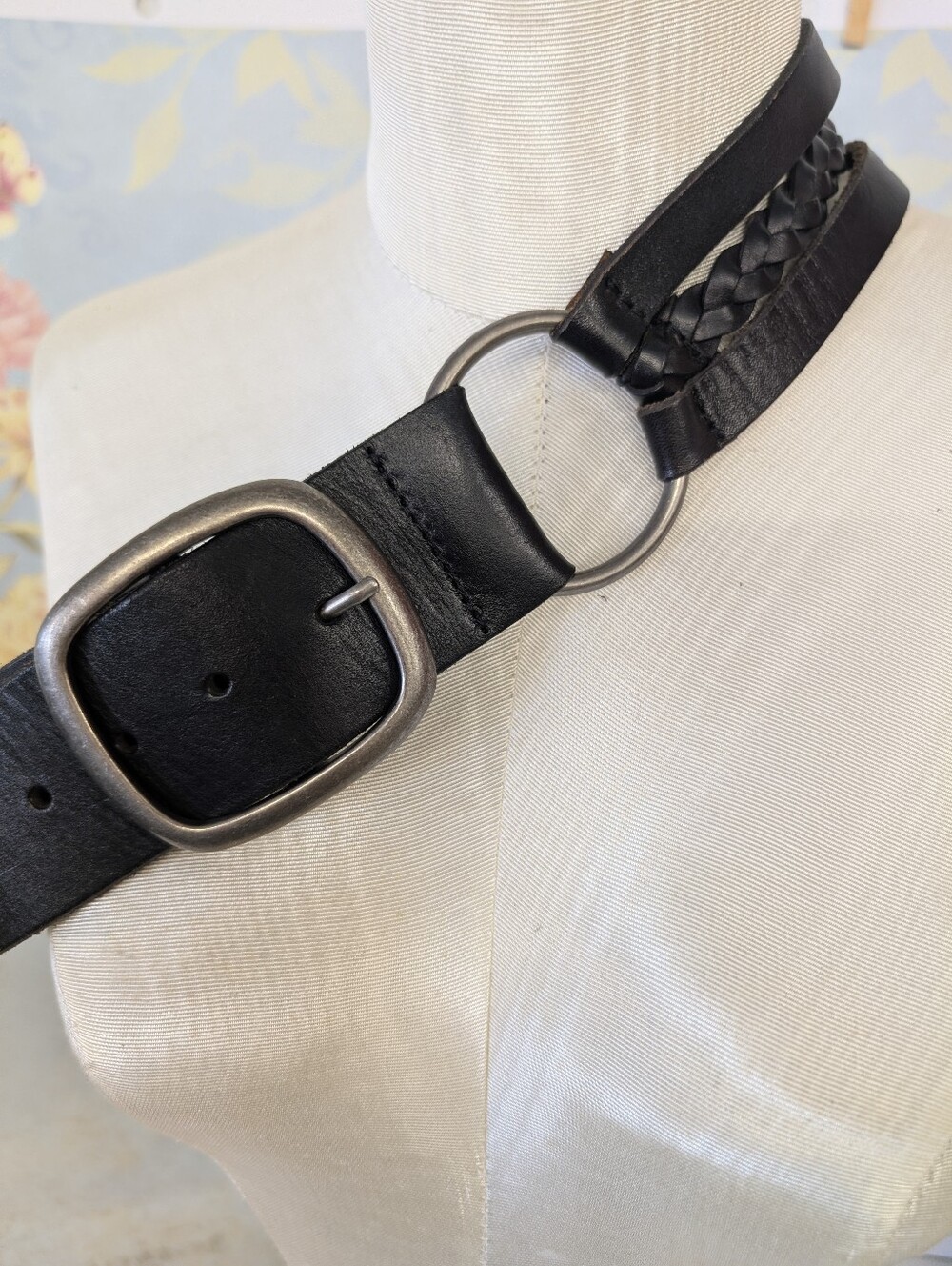 Vintage Black Leather Ring  Belt With Three Corset Style Straps.
